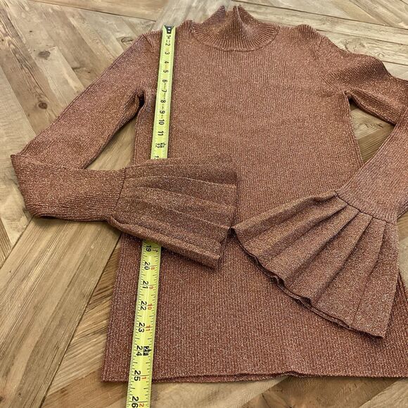 Carven Rose Gold Lurex Metallic Turtleneck Sweater Pleated Bell Cuff Size Small - Picture 10 of 10